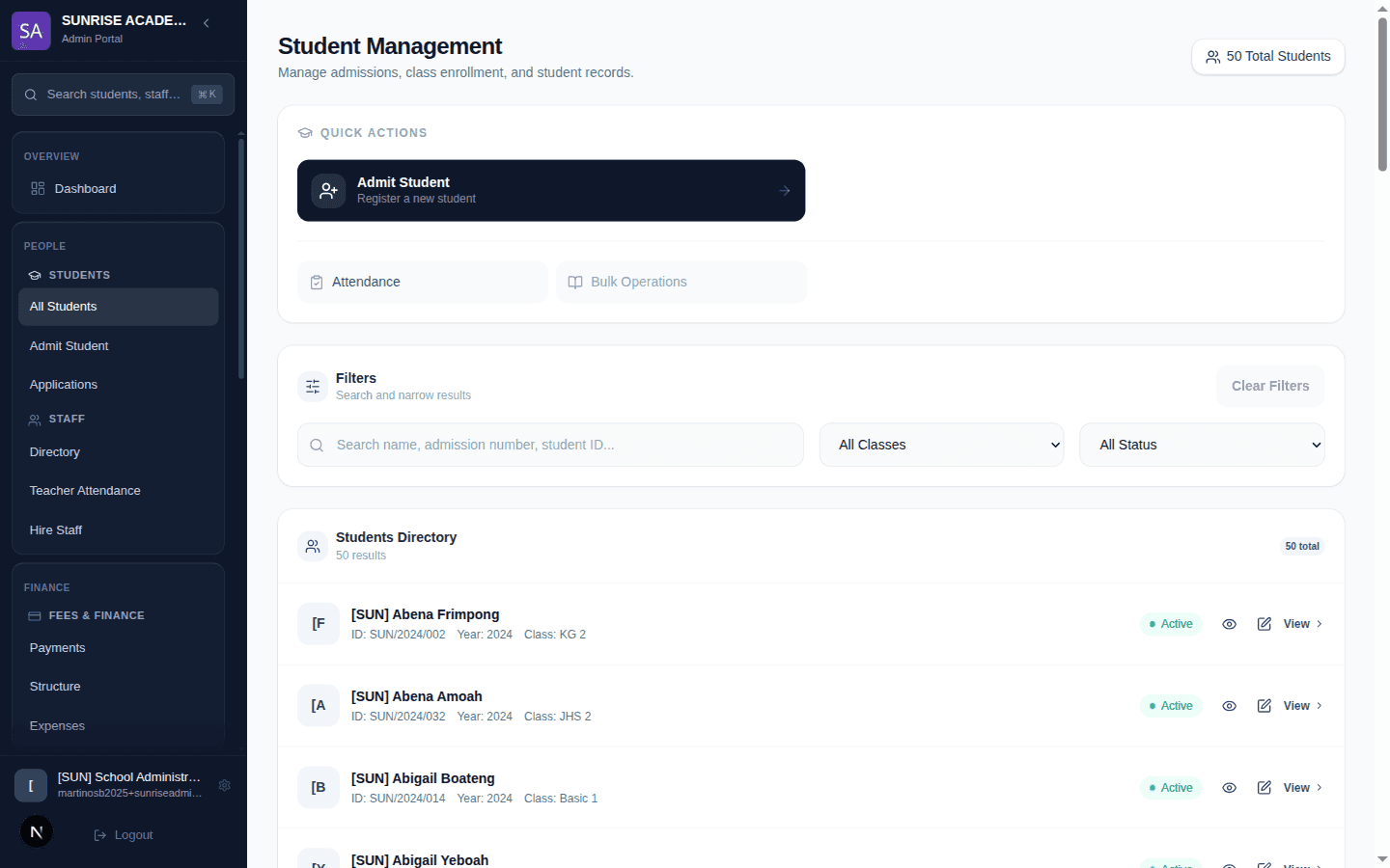 A searchable list of every student at the school