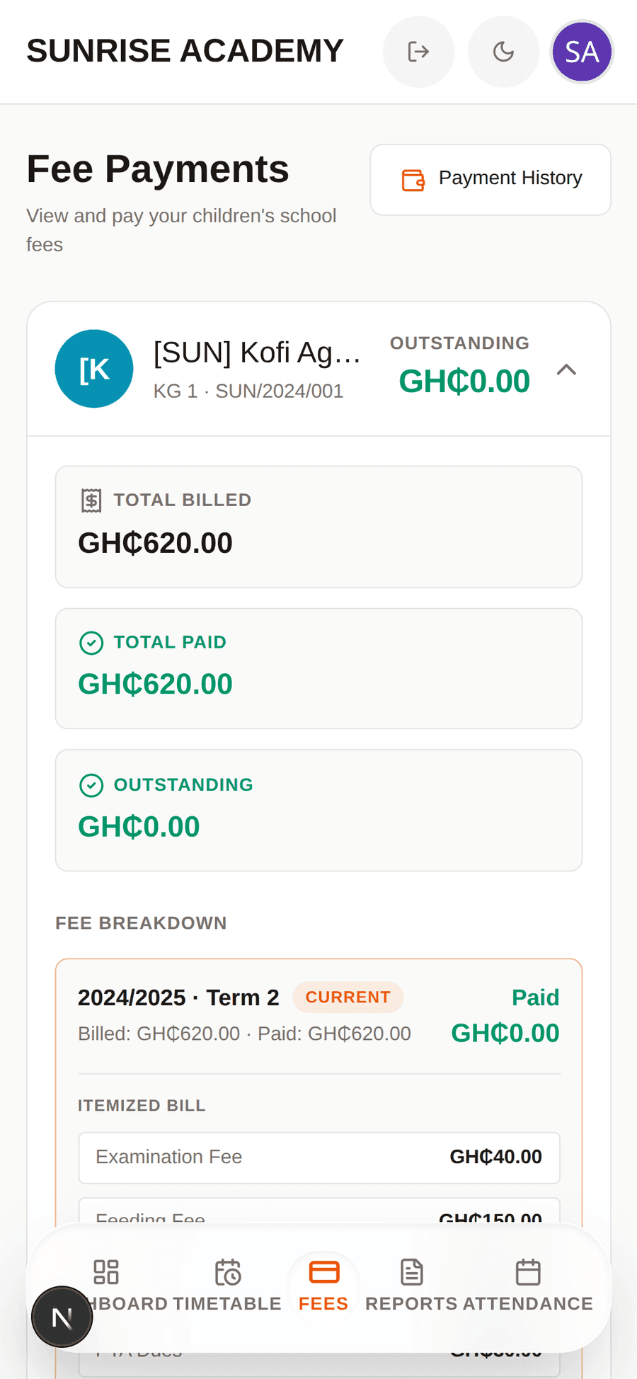 A parent's fee statement, itemised by term